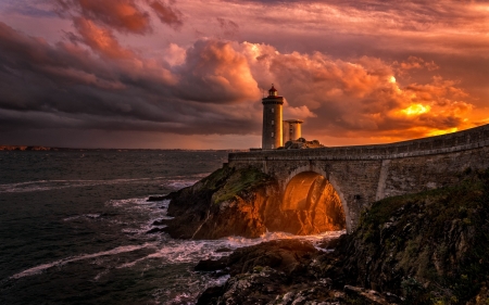 coast of france - sunset, lighthouse, sea, bridge, rocks