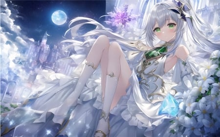 Cute Girl - moon, pretty, anime, anime girl, beautiful, girl, dress, night, long hair, white hair, snowflake, castle, sky