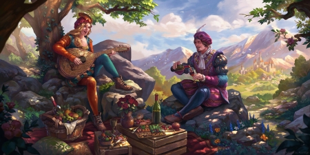 Priscila and Dandelion - agus sw, art, couple, dandelion, fantasy, girl, instrument, man, priscila, the witcher