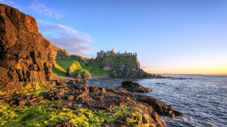 ireland coast - cliff, castle, ruins, sea, grass, rocks