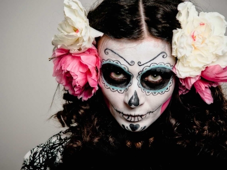 :) - dia de los muertos, flower, pink, white, mask, halloween, rose, face, painted