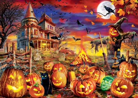 Halloween - night, halloween, haunted mansion, moon, fantasy, pumpkin, orange