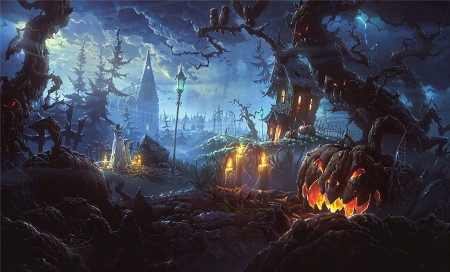 Halloween - night, pumpkin, halloween, fantasy, dark
