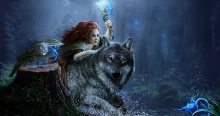 Girl riding a wolf - lup, fantasy, rider, redhead, blue, wolf, girl