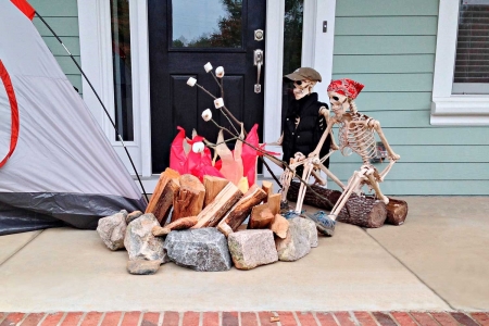 :D - funny, skeleton, halloween, camp fire, tent, skull, bones