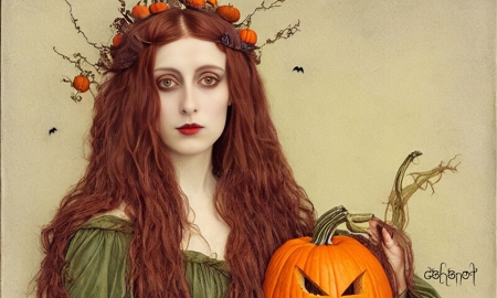 Witch - art, pumpkin, face, redhead, girl, witch, by cehenot, orange, cehenot, halloween, wreath