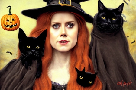 Witch with ghost black cats