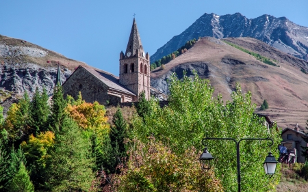 Church in Mountains - trees, mountains, church, tower