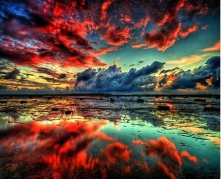 Red sunset over the lake