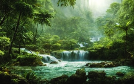 Waterfall in Jungle - palms, waterfall, mist, green, jungle, moss, rocks