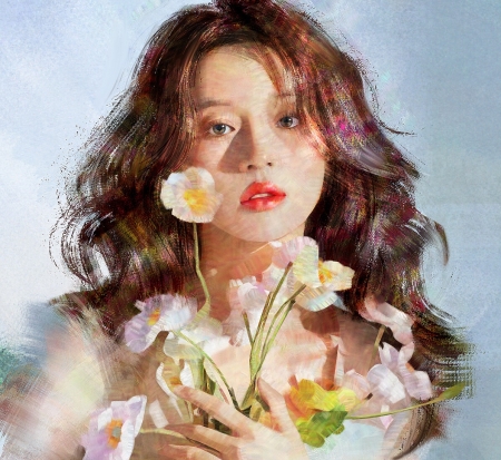 Girl - fantasy, asian, art, portrait, flower, anastasiya sharynskaya, face, girl