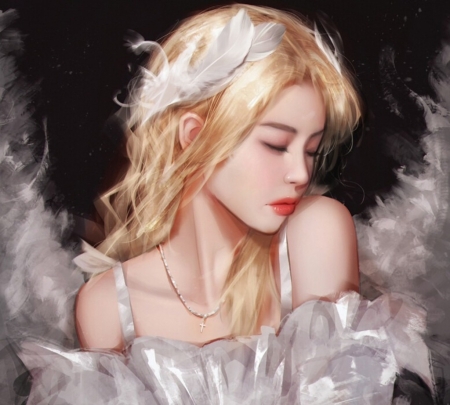 Angel - kittichai, blonde, girl, feather, angel, fantasy, rue, wings, blonde feather, face, asian, art