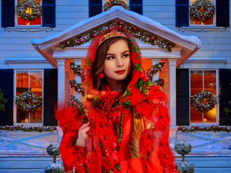 Ladies In Red Out For Christmas - colorful, blue, hoodie, vibrant, house, girl, Christmas, vivid, Holiday, yellow, red, bright, bold, wrap, home
