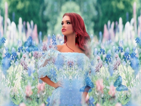 Heavenly Lady In Blue - vibrant, vivid, blue, butterflies, dress, girl, pink, red head, flowers, colorful, white, bright, green, bold, pastel