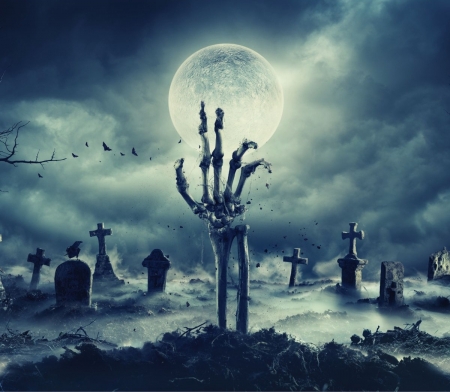 Happy Halloween! - moon, fantasy, hand, graveyard, blue, halloween, night, bones