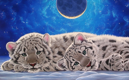 Snow leopard cubs - moon, cub, blue, snow leopard, cute, kentaro nishino, art, luna