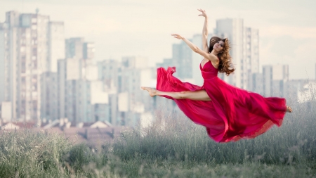 ~ Floating with grace ~ - Grace, Brunnette, Beauty, Field, Ballerina, Red dress, female, Skyscrapers
