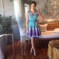 Camilla Belle in blue dress