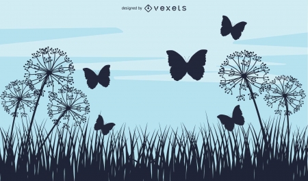 Summer evening - blue, summer, black, dandelion, vector, evening, silhouette, vara, fantasy