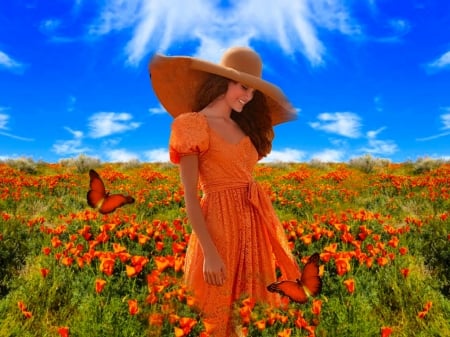 Lots A Dots Girls In The Meadow - vibrant, hat, vivid, blue, butterflies, dress, girl, orange, flowers, colorful, white, bright, green, bold