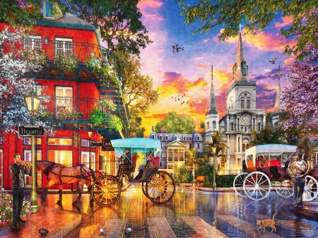 Sunset in New Orleans - artwork, city, coach, digital, horse, houses, lights, street