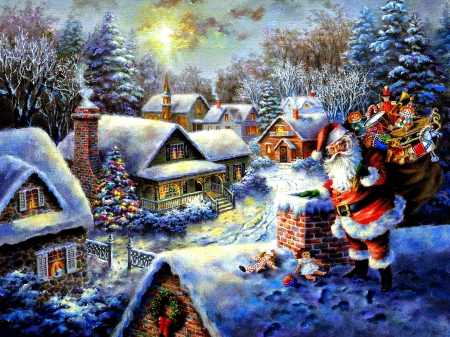 Bringing joy and hapiness - moon, nicky boehme, night, christmas, santa, pictura, roof, craciun, painting, art