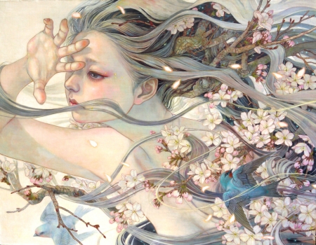 Spring - girl, flower, burd, primavara, pictura, painting, swallow, face, art, miho hirano