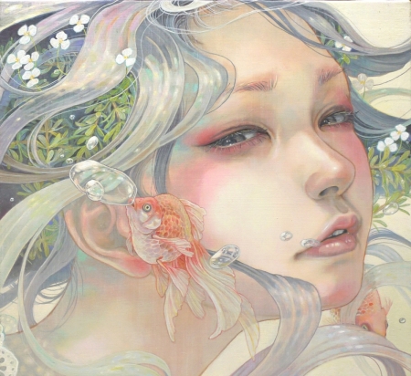 :) - face, girl, water, chalk, art, miho hirano, painting, flower, pictura, pesti, fish