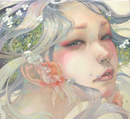 :) - water, girl, flower, pictura, painting, chalk, pesti, face, fish, art, miho hirano