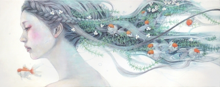 Mermaid - girl, fantasy, pictura, mermaid, siren, painting, chalk, pesti, art, fish, miho hirano