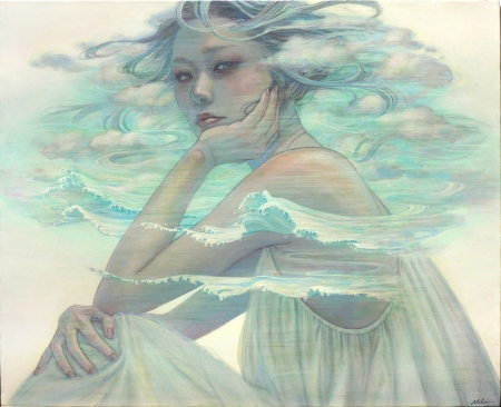 Water girl - miho hirano, art, painting, pictura, girl, water, chalk, blue, fantasy, wave