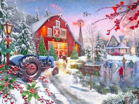 Christmas Skaters - artwork, barn, christmas tree, digital, ice, skating, snow, tractor