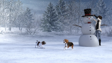 Playful Pups - beagles, snow scene, snowman, winter