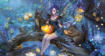 Yuma - hoanglapsolan, veverita, squirrel, wings, blue, frumusete, hoang lap solan, yuma, fairy, fantasy, yellow, luminos