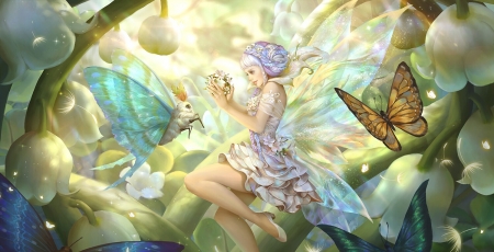 Tatiana - green, yellow, girl, blue, frumusete, tatiana, hoang lap solan, fairy, butterfly, fantasy, hoanglapsolan