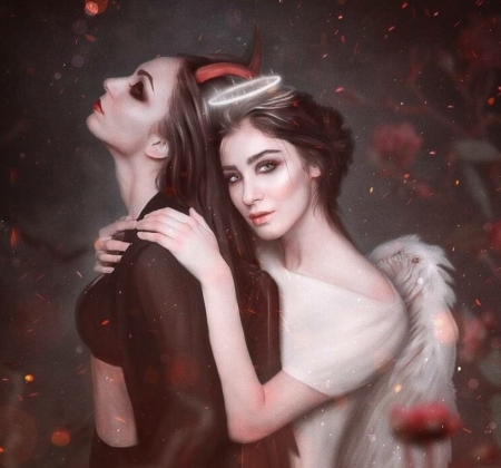 Sisters - amedeya ay, art, sister, demon angel, couple, evil, girl, good, fantasy