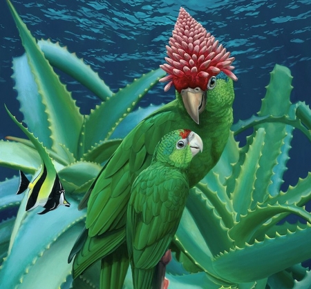 Acclimate - bird, papagal, flower, parrot, aloe, pasari, fantasy, green, red, jon ching, art, cactus