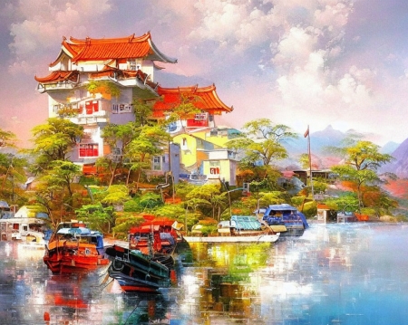 :) - asian, green, japanese, red, temple, water