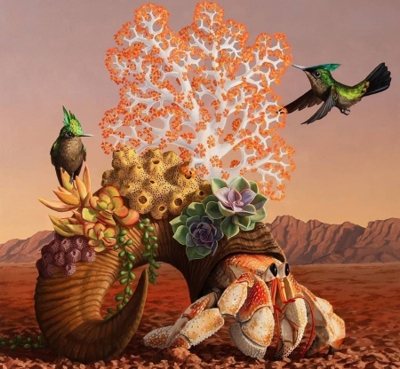 :) - bird, coral, crab, fantasy, green, orange, pasari, shell, summer, vara
