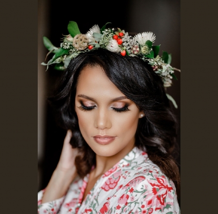 Sune January - dark hair, portrait, jewelry, floral dress, pearl earrings, Flower crown