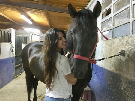 A girl and her horse - long hair, female, horse, smile, brunette, cute, beautiful, girl, woman, beauty, lady, love