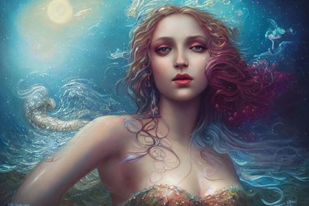 Fantasy girl - moon, maria elisabbeta capogna, fantasy, face, redhead, girl, water, blue, mermaid, siren