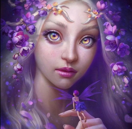 Fairy - art, fantasy, viccolatte, face, frumusete, gorgeous, superb, purple, fairy, pink, flower