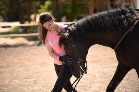 A girl and her horse - brunette, cute, long hair, female, beauty, woman, horse, smile, lady, happy