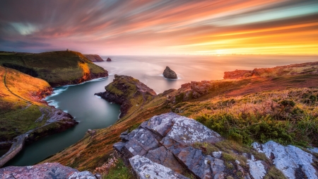 The Mouth Of A River In Ireland - sea, coast, colors, clouds, trees, sky, water, rocks, atlantic