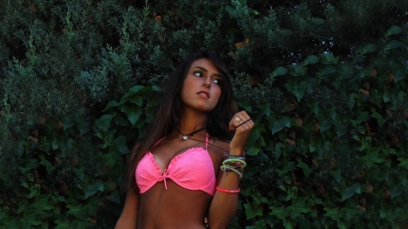 Against the trees - girl, beautiful, bikini, long hair, female, brunette, lady, pink, green, tan, trees