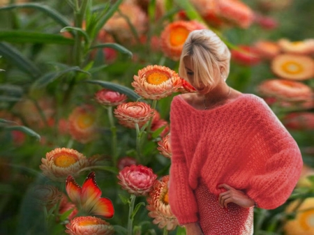 Snuggly Pink Coral - vibrant, yellow, vivid, butterflies, sweater, pink coral, girl, grass, flowers, colorful, bright, green, bold, pants