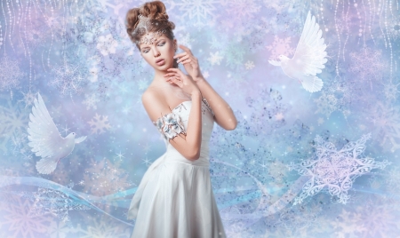 Winter Beauty - magical, softness, winter, pastel, model, feminine, doves, lovely