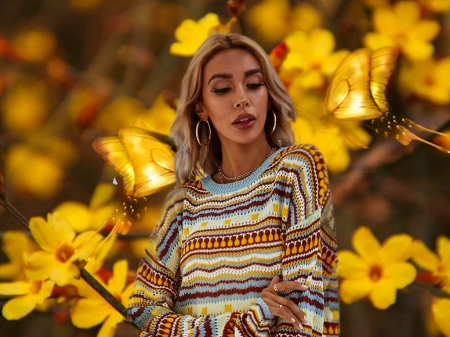 Snuggly Colorblock Sweater - flowers, girl, sweater, colorful, white, vibrant, butterflies, brown, vivid, yellow, bright, bold
