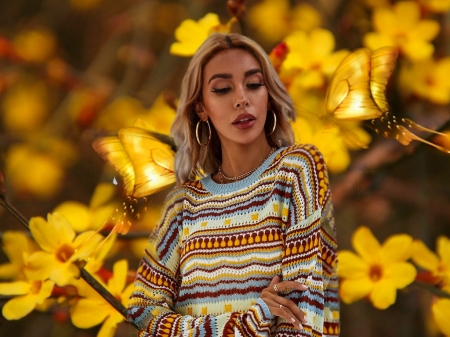 Snuggly Colorblock Sweater - vibrant, yellow, vivid, brown, butterflies, sweater, girl, colorful, flowers, white, bright, bold